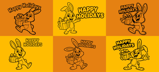 Festive cartoon rabbit holding gift box with &ldquo;HAPPY HOLIDAYS&rdquo; text for seasonal greeting and celebration design