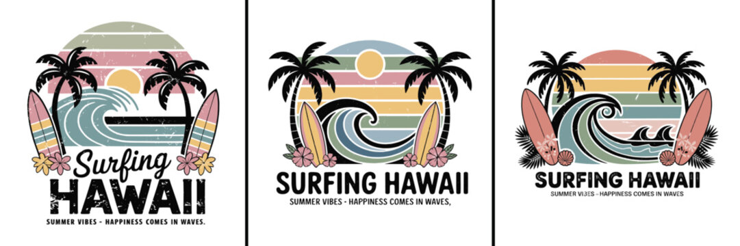 Collection of three retro distressed graphic designs featuring palm trees ocean waves surfboards and tropical sunset vibes