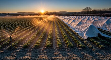 Medium shot of a frost protection system in action with automated irrigation and thermal blankets safeguarding young buds in a cold field.