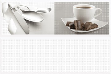 Premium marble surface artwork blending abstract veins with coffee cup with stainless cutlery graphics for modern decorative tile presentations. 3D Illustrations. Mockup. 3D Rendering