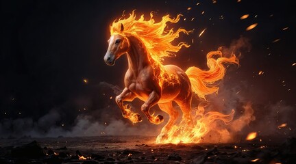 Fiery horse galloping, mane ablaze, sparks flying across dark ground. Glowing, ultra-detailed, cinematic, fantasy art. Zodiac, Banner, greeting card, Happy New Year of the horse 2026