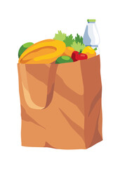 Paper shopping bag products grocery. Different food and beverage products, grocery shopping. Grocery supermarket. Fresh organic food and drinks. Grocery delivery concept