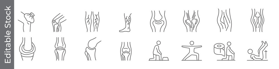 Joint and knee health icon set &ndash; outline symbols of arthritis, pain, exercises, physiotherapy and rehabilitation