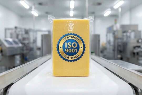 Vacuum sealed cheese block with ISO 9001 certification seal on conveyor belt representing dairy safety standards and food engineering quality assurance in manufacturing.