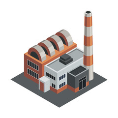 Isometric factory. Concept of industrial plant with chimney tower or pipes. Industrial bulding. 3d isolated icon. Architecture of manufacture house