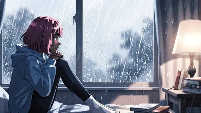 A young woman sits on her bed looking out the window on a rainy day in a cozy video Lofi Animation