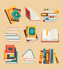 Vector books icon set. Learning or education concept. Different design of books or notebooks. Reading, learn and receive education through books. Read more books