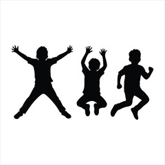 Kids silhouettes vector black and white illustration. Children seated in various poses from side view.