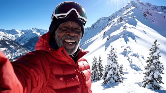An active individual, wearing warm winter attire including a red puffer jacket, beanie, and goggles, stands proudly amidst a breathtaking snowy mountain landscape under a brilliant blue sky. The scene