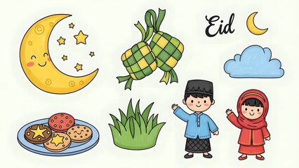 Hand drawn doodle illustration of cute Muslim boy and girl celebrating Eid al-Fitr. Featuring traditional icons like Ketupat (rice cake), crescent moon, stars, and assorted Eid cookies (Nastar) in a c
