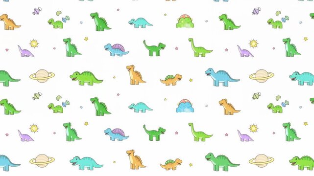 Vibrant Prehistoric Design, Playful Pastel Dinosaur Themed Repeated Pattern With Celestial Elements