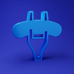 Obraz premium Blue Sausage on the fork icon isolated on blue background. Grilled sausage and aroma sign. Minimalism concept. 3D render illustration