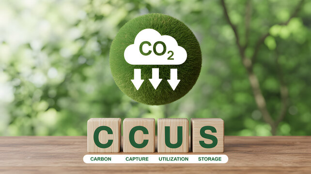 Carbon capture utilization and storage concept with wooden blocks and co2 cloud symbol on natural green background for environmental sustainability and climate change