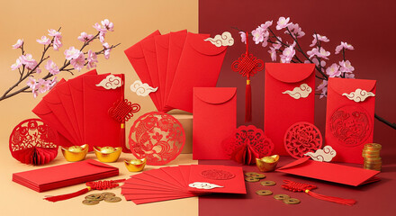 Red envelopes with gold accents and cherry blossoms for chinese new year celebration, symbolizing...