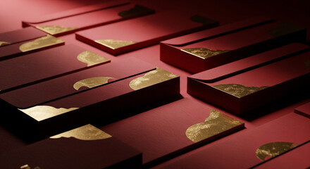 Multiple gold bars in red boxes, luxurious gold investment, wealth and finance concept, close up view