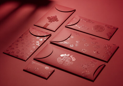Red envelopes with intricate designs and chinese characters for good luck and prosperity during celebrations and festivals
