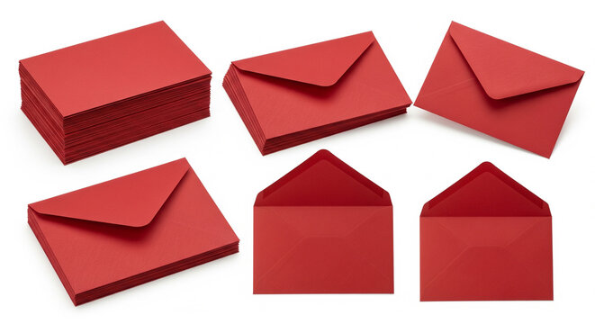 Red envelopes and stack of red envelopes on white background for correspondence and communication needs