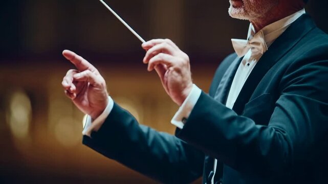 Orchestra conductor in elegant tuxedo leading symphony with expressive hand movements in warm concert hall lighting creating inspiring classical music performance atmosphere