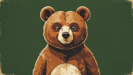 Cute Cartoon Bear Postcard Portrait, Funny Animal Illustration on Solid Green Background
