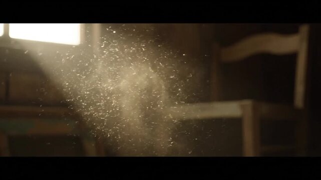 Cinematic shot of dust particles floating in a calm, abstract background with a beam of light shining through a window in a dimly lit room.