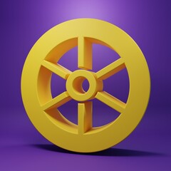 Obraz premium Yellow Bicycle wheel icon isolated on purple background. Bike race. Extreme sport. Sport equipment. Minimalism concept. 3D render illustration