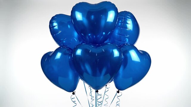 Blue heart-shaped balloons floating together in a cluster with shiny surfaces and curling ribbons creating a festive atmosphere for celebrations