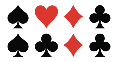 Eight playing card suit emblems arranged in two rows showing spades hearts diamonds and crosses