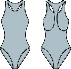 One-piece swimsuit front and back view, racerback design, fashion sketch, garment template, cad drawing flat vector illustration, clothing outline