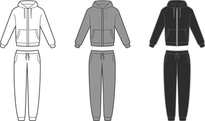 Hoodie and sweatpants set, black, gray, white outfit, fashion design, casual wear, cad drawing flat vector illustration