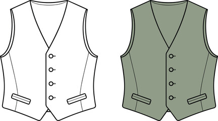 Formal vest design, black and green version, fashion template, tailoring sketch, garment detail, cad drawing flat vector illustration