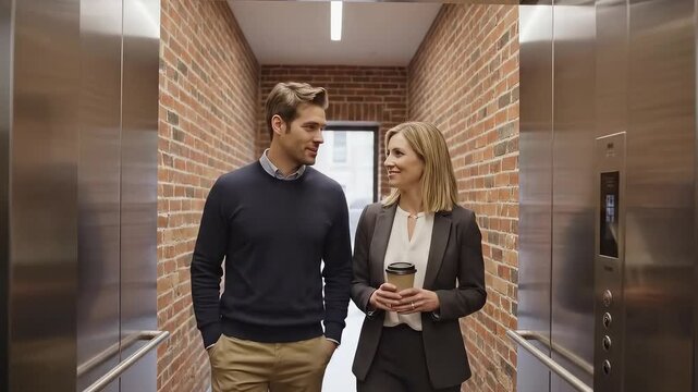 Business professionals engaging in conversation while riding an elevator, showcasing interaction and connection in a modern office environment