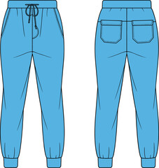 Jogger pants front and back view, blue garment sketch, fashion design, stitching detail, cad drawing flat vector illustration, clothing template
