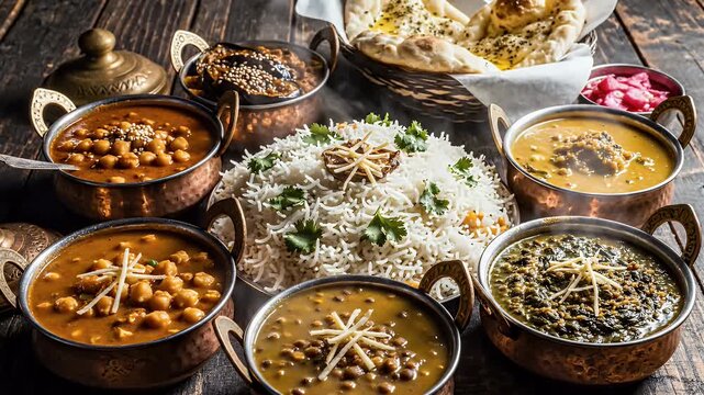 Vegan Indian food concept background with colorful vegetable curries top-down view