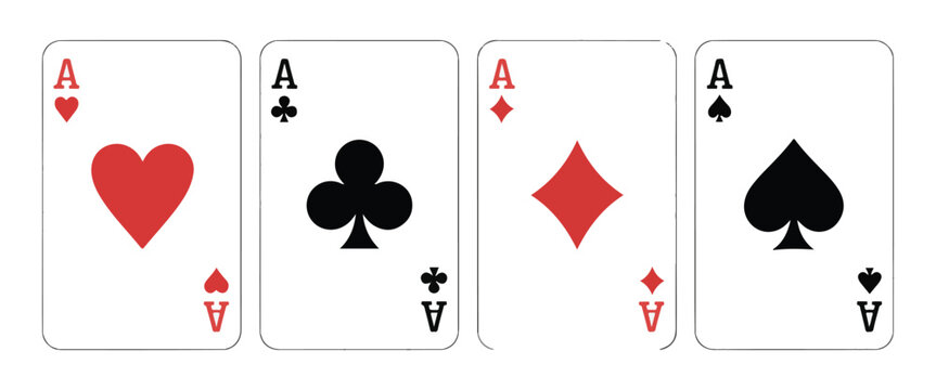 Set of four ace cards from standard deck showing hearts clubs diamonds and spades on white isolated background
