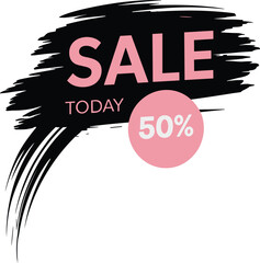 Sale promotion graphic, 50 percent discount, bold brushstroke background, pink text design, cad drawing flat vector illustration, marketing sticker template