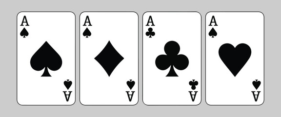 Four aces playing cards set black and white, traditional deck of poker cards isolated on gray background
