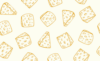 Hand drawn italian food pattern in doodle style. Cheese pieces in quirky crayon style. Italy ingredient, cheese chunk, mediterranean dinner element for pasta, menu. Minimal doodle sketch. Vector illus