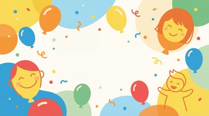 Playful Birthday Frame Background with Animated Kids, Balloons, and Colorful Confetti