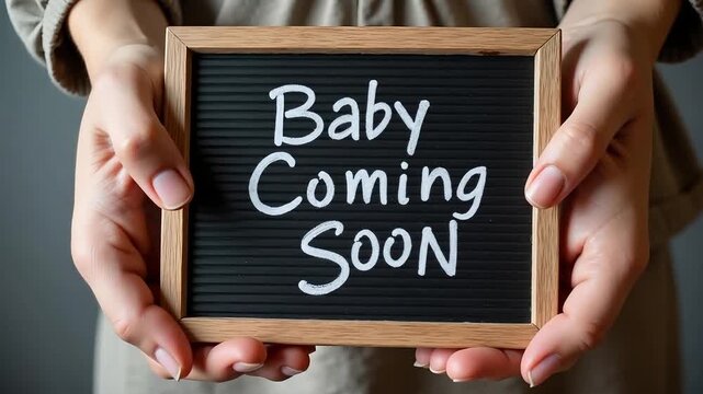 Excited couple announcing baby coming soon with letter board