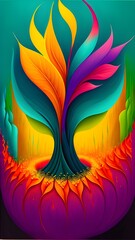 A colorful tree with rainbow leaves on a teal background.