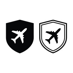 Fototapeta premium Two shield icons featuring airplane silhouettes one filled and one outlined symbolize travel safety and protection