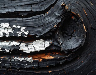 Close-up of charcoal wood grain with white paint texture