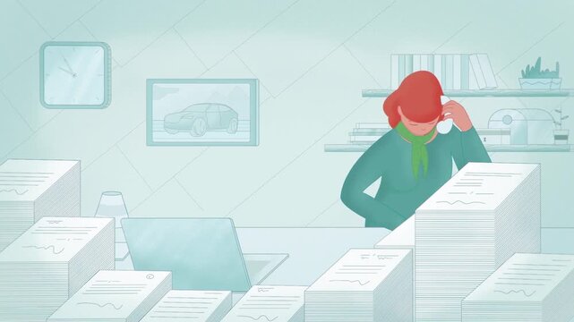 Office worker overwhelmed with paperwork, workload stress and document management problem concept, 2D animation