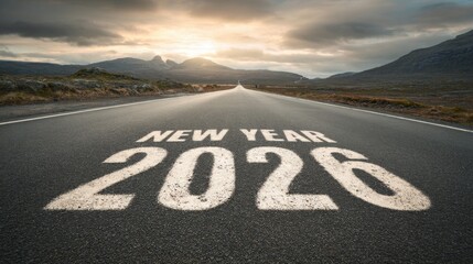 2026 newyear painted on empty road with mountains and cloudy sky, minimalistic outdoor scene with bold numbers on gray asphalt, symbolizing journey, change and fresh beginning.