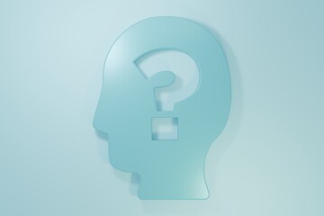 Blue Human head with question mark icon isolated on blue background. Minimalism concept. 3D render illustration