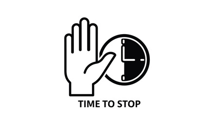 Obraz premium Stop signal graphic shows a bold black hand outline next to a clock face with the message time to stop for safety and regulation purposes.