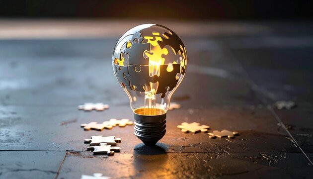 Glowing puzzle-piece light bulb on dark surface.