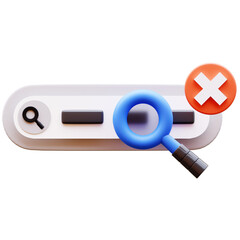 3D Illustration of search bar with magnifier and x mark. Concept of search, cancel, delete, finding, removing, optimization, and website interface.