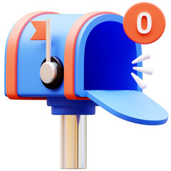 3D Illustration of an open blue mailbox with a red flag up, a red notification badge with the number zero, and a silver stand. Isolated on white.