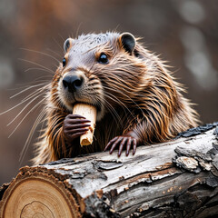 Beaver with Piece of Wood, Wild Rodent Close Up Animal Portrait Background